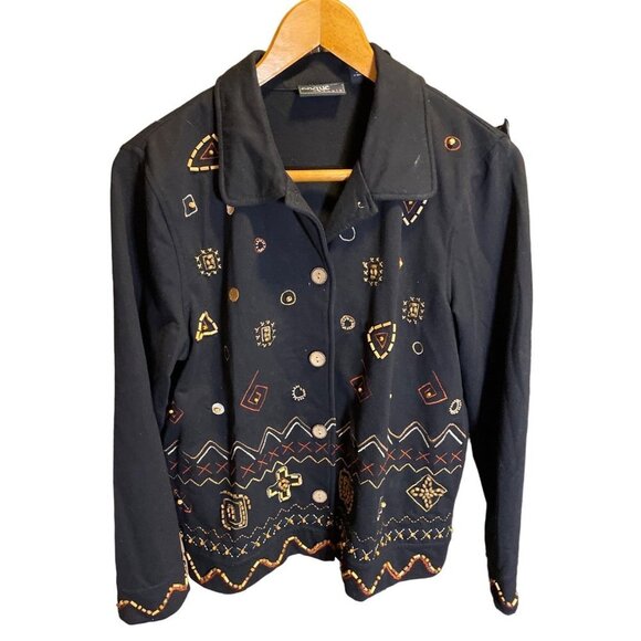 Onque Casuals Beaded Decorated Black Long Sleeve Button Down Top Sz M - Picture 1 of 8